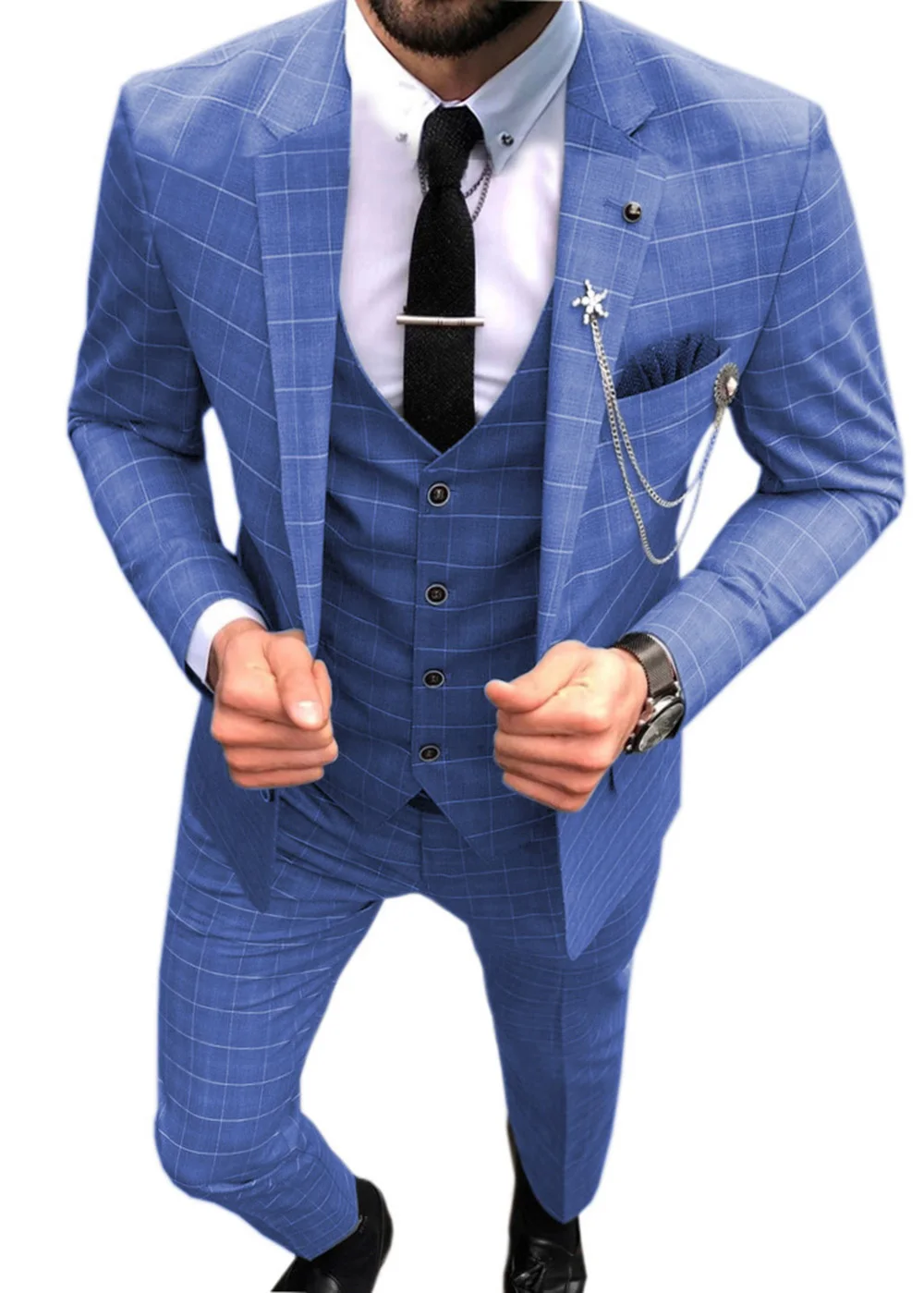 Men\'s Suit 3 Piece Plaid Formal Business Notched Lapel V Neck Tuxedos Groomsmen for Wedding Suits Men 2022 (Blazer,Vest & Pants)