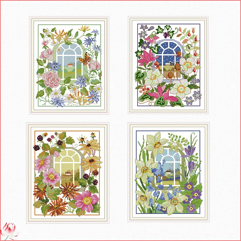 Four Seasons Flower Window View Cross Stitch Kit 14CT 11CT Counted Printing Fabric DIY Chinese Embroidery Kit Home Wall Deco