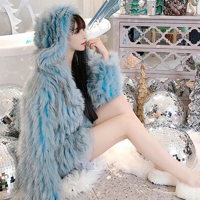 Winter Imitation Fox Fur Bomber Jacket Stitching Faux Mink Fur Hooded Tassels Coat Cardigan Flocking Furry Puffer Outwear Tops