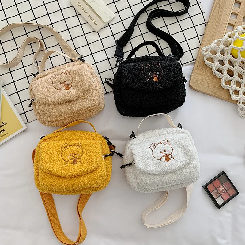 Women Mini Plush Shoulder Bag Female Small Canvas Cross Body Bags Ladies Cute Embroidery Zip Cloth Purse Mobile Phone Bag Tote