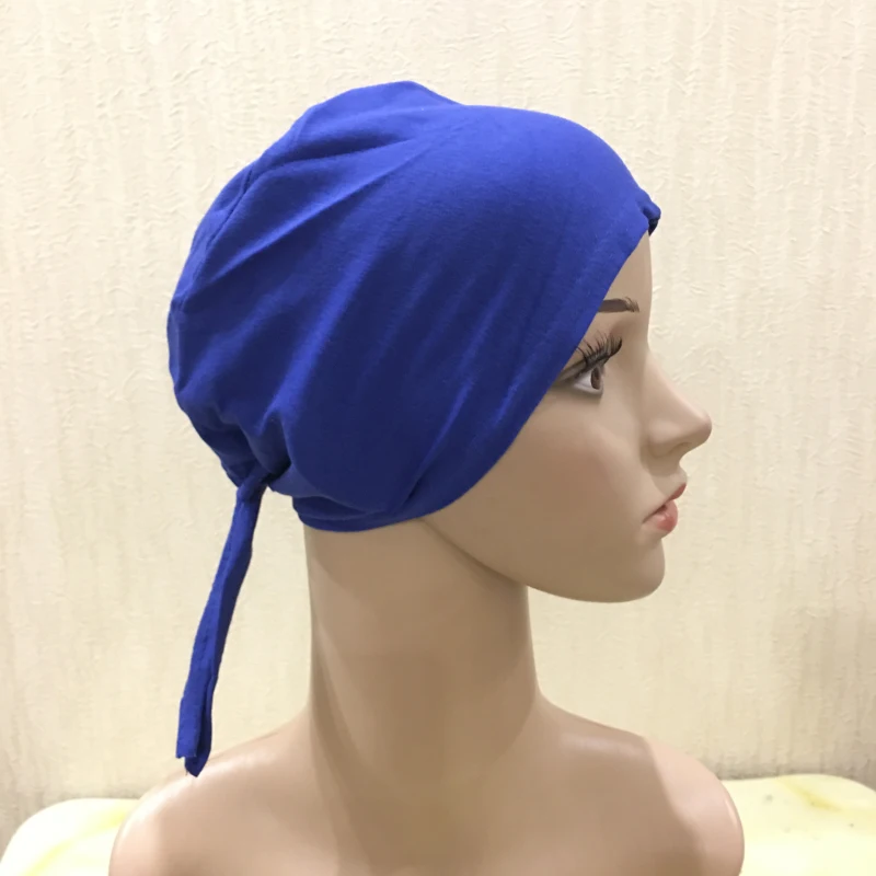 H048 Plain Cotton Tie Back Hats Muslim Turban Pure Color Stretch Inner Hijabs Underscarf Women Head Scarf Under Hijab Bonnet