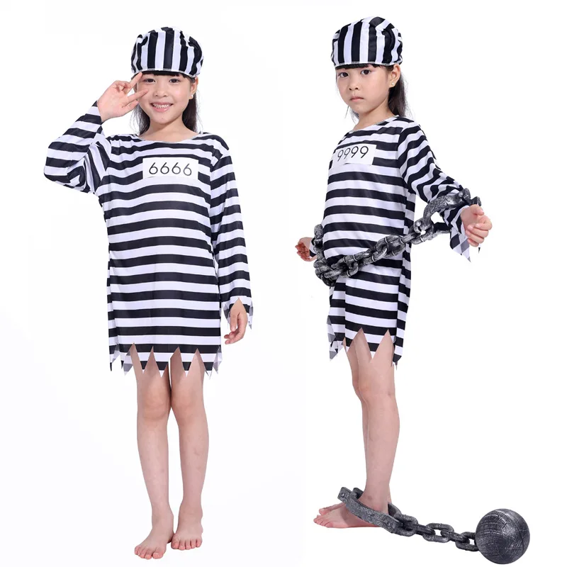 Carnival Party Halloween Cosplay Prisoner Costume for Men Women Kids Child Family Violent Prisoner Costumes Fancy Dresses Set