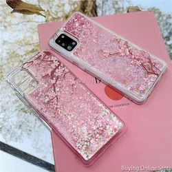 Liquid Pink Quicksands Cover For Samsung Galaxy A30 A50 A70 A20 A20S Cases Shiny Glitter Clear Cherry Blossoms Designs