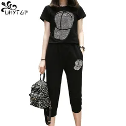 UHYTGF Loose size Two Piece Set Women Tracksuit Set Summer Tops For Womens 2024 Casual Thin Sportswear Diamond Hat Top Pants 119