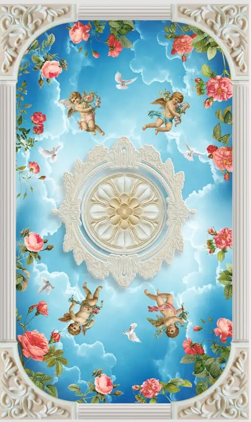 

European embossed pattern sky angel rose ceiling mural Ceiling Murals Wallpaper Living Room Wall Papers Home Decor