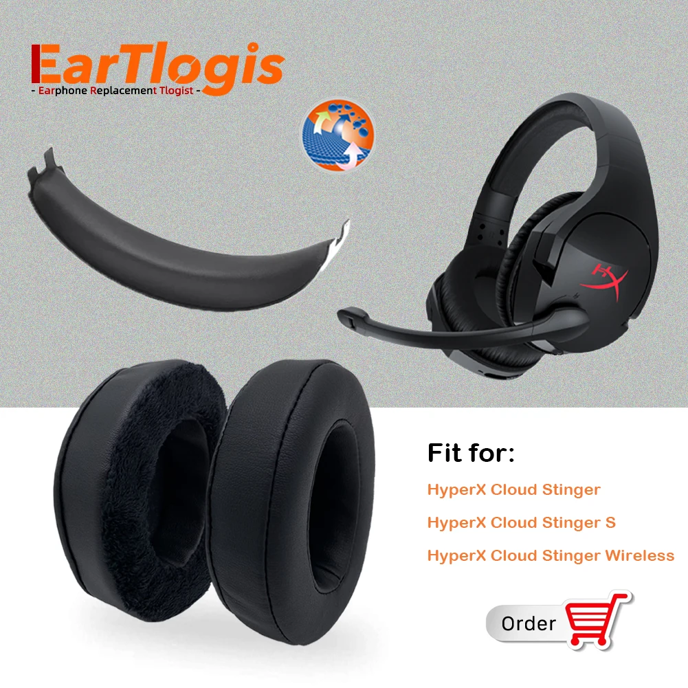 EarTlogis Velvet Replacement Ear Pads for HyperX Cloud Stinger, Stinger S, Stinger Wireless 7.1 Headset Bumper Headband Earmuff