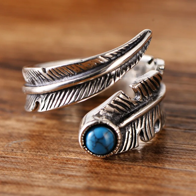 

SA SILVERAGE Thai Silver Luxury Jewelry 925 Sterling Silver Feather RING 925 Sterling Silver with Artificial Turquoise Leaves