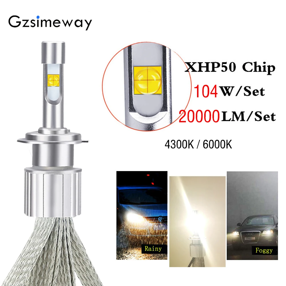 

2PCS Fanless Car LED Light H4 H7 4300K 6000K Bulbs XHP50 Chip 104W 20000LM H1 H3 9005 HB3 HB4 H16 880 881 Headlight Fog Lamps