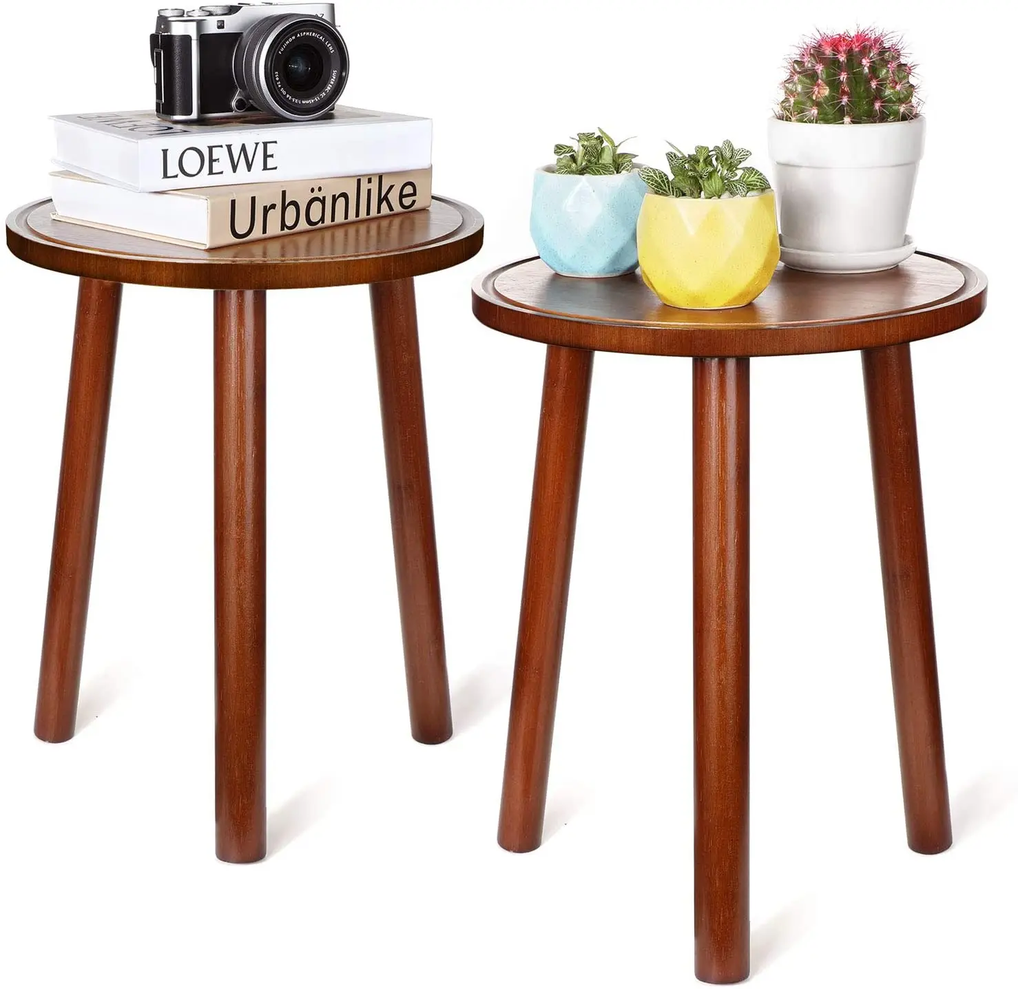 Set of 2 Wood Plant Stand Mid Century Side Table 16.5’’ Tall Round Side End Table Flower Pot Holder Home Decor