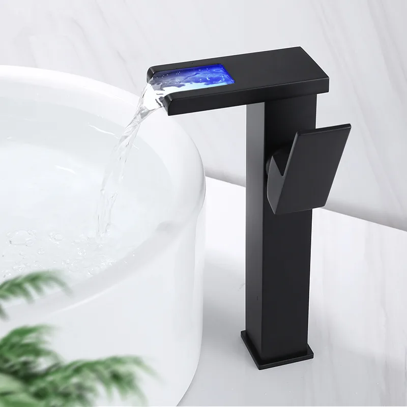 

Tuqiu Basin Faucet LED Bathroom Waterfall Faucet Black Brass Basin Faucet. Bathroom Mixer Tap Deck Mounted Basin Sink Mixer Tap