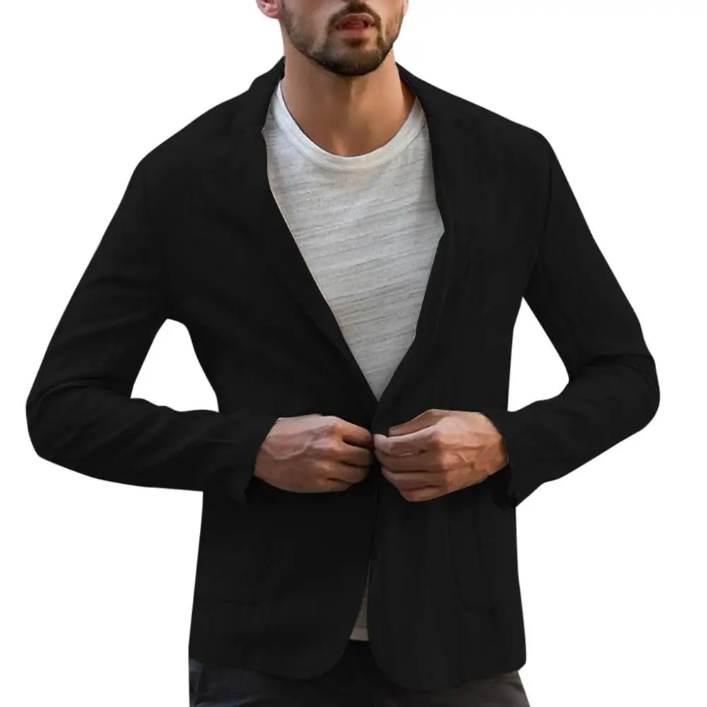 Spring Autumn Solid Color Slim Fit Men Blazers Long Sleeve Lapel Collar Pockets Cotton Linen Blazer Coat Suit Jacket Business