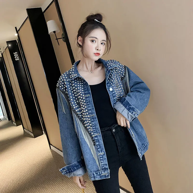 2024 Autumn Streetwear Denim Jacket Women Hand-studded Rivet Tassel Chain Short Jeans Jacket Loose Vintage Casual Black Coats