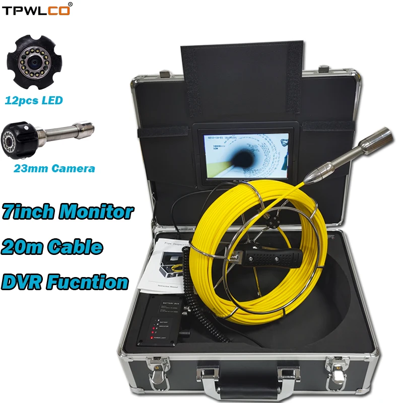 

20m Cable 23mm Video Endoscope Industrial Camera With 12pcs LEDS DVR Function 7inch Pipe Waterproof Sewer Inspection System