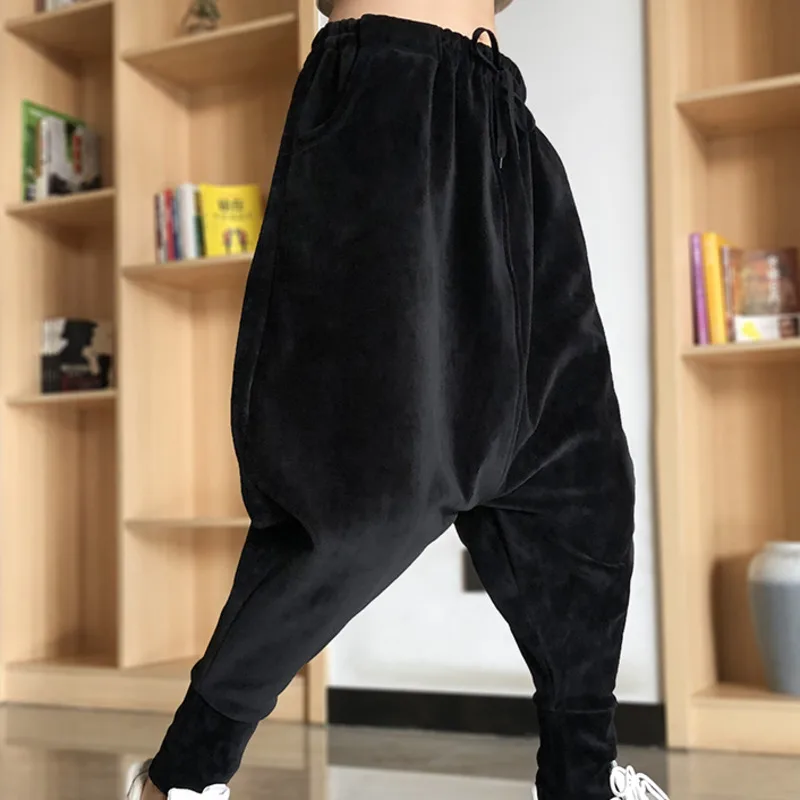 Baggy Fleece Cross-Pants Women Black Color Sweatpants Elastic Waist Harem Pants Loose Causal Lantern Wide Leg  Jogger Trousers