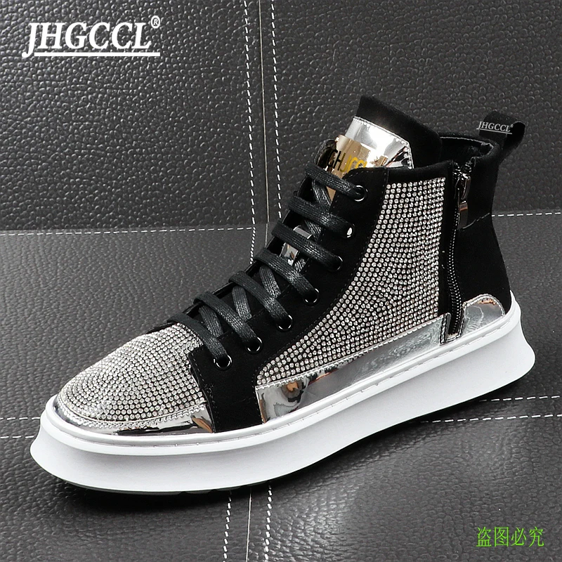 Men\'s casual shoes High top shoe male rhinestone individual character tide shoe youth thick sole high top plank plank luxurious