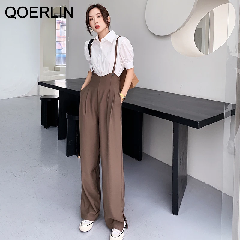 QOERLIN Split Wide Leg Overalls Women High Waist Casual Brown Jumpsuit Drape Pant Spaghetti Strap Long Trouser Rompers Suits