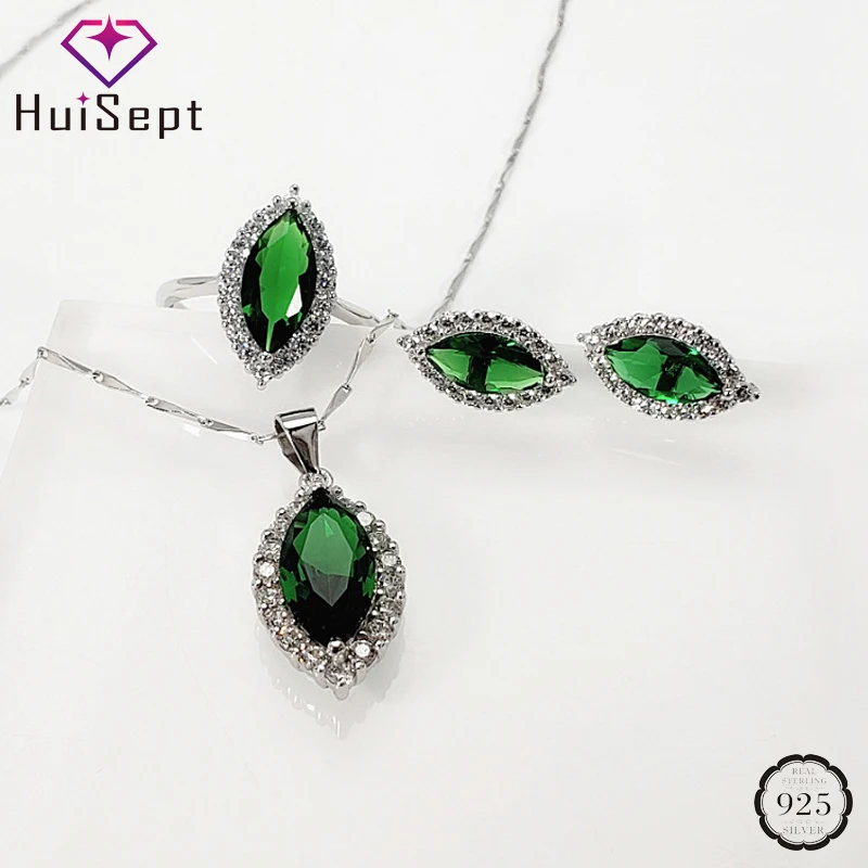 

HuiSept S925 Sterling Silver Jewelry Set Earrings Rings Necklace Accessories with Emerald Ruby Gemstones for Women Wedding Gift