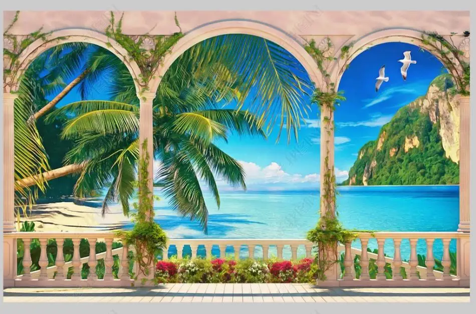 

2021 Custom Mural 3D Wallpaper European Living Room Sofa Background Wallpaper Roman Column Beach Scenery