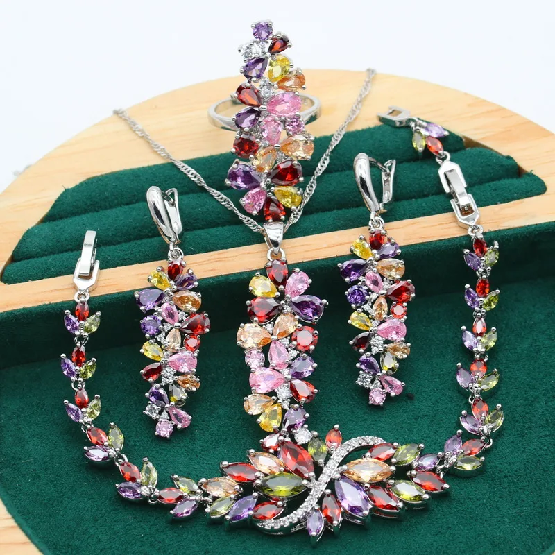 New Multicolour Purple Topaz 925 Silver Jewelry Set For Women Bracelet Earrings Necklace pendant Ring Birthday Gift 4PCS