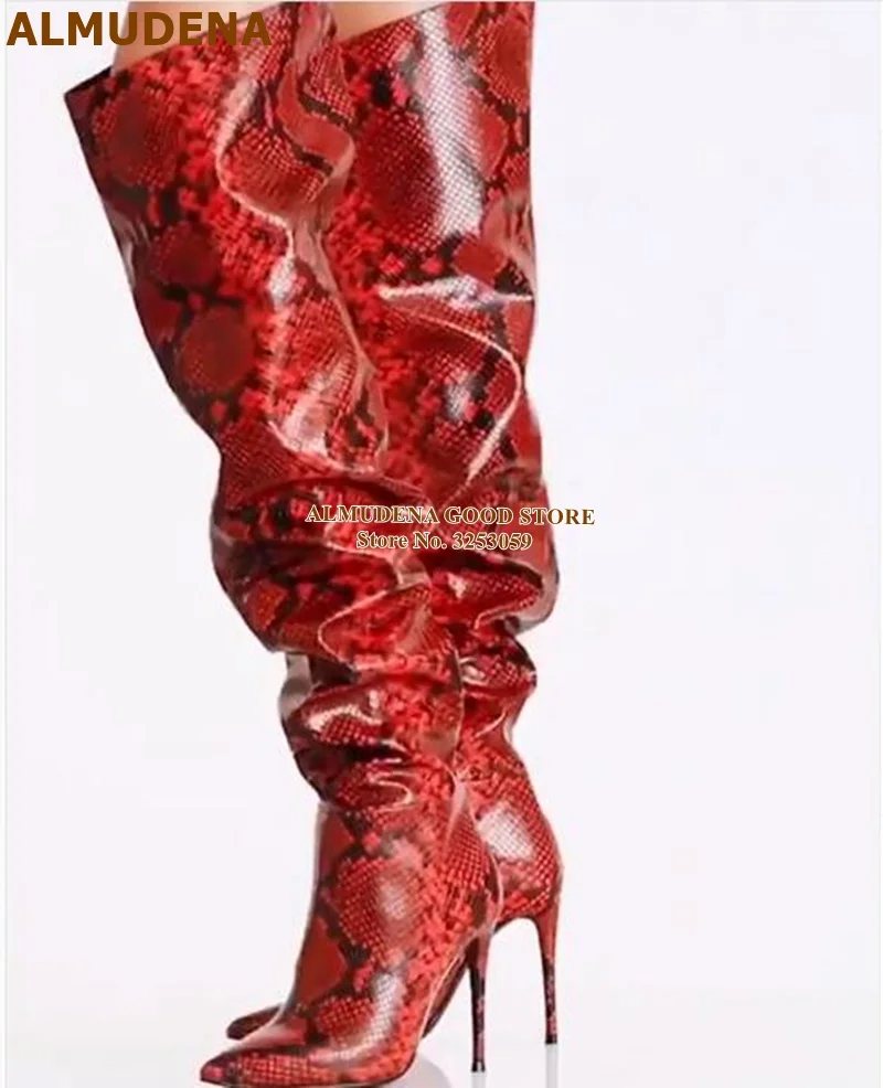 ALMUDENA Snakeskin Pleated Over-the-knee Boots Stiletto Heels Slouch Python Printed Thigh Boots Pointed Toe Gladiator Long Boots