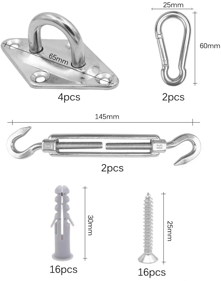 4 pcs Sun Shade Sail Canopy Fixing Accessories Stainless Steel Hardware Kit Turnbuckle Pad Eye Carabiner Clip Hook Screws Silver