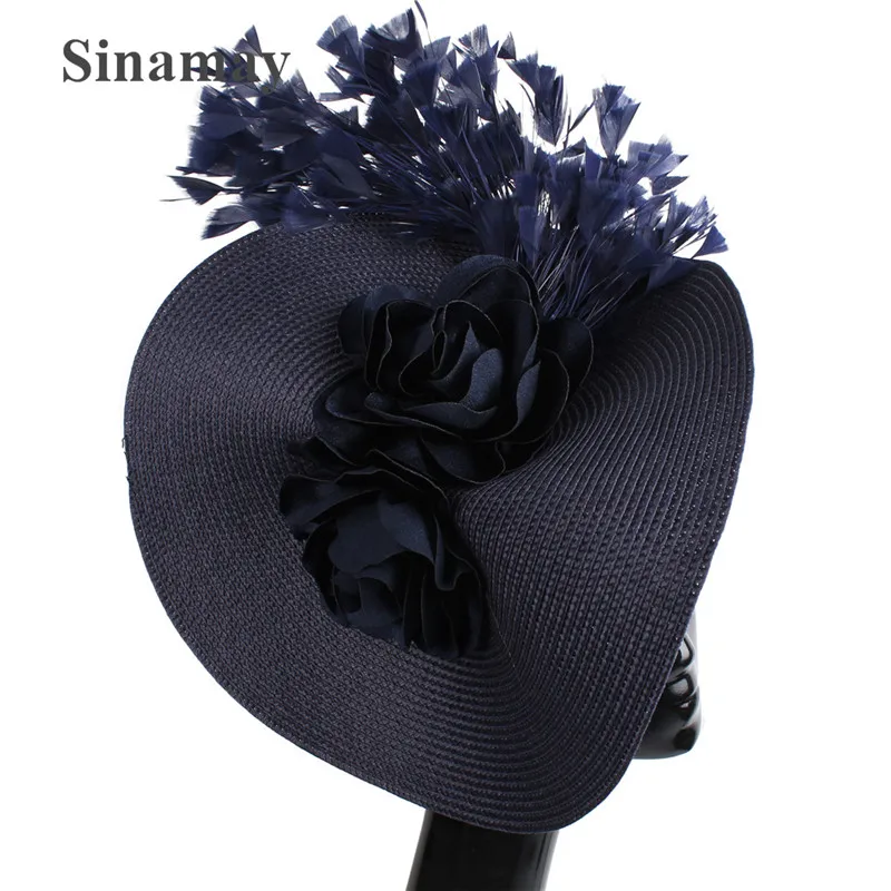 

Imitation Straw Big Derby Hair Fascinator Hat Headband Nice Flower Headwear With Fancy Feather Hair Accessories Bridal Headpiece