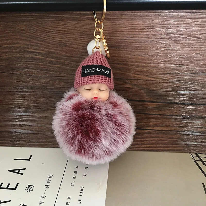 Fake Rabbit Fur Ball Sleeping Baby Doll Keychain Pompom Car Keyring Baby Key Chain Women Key Holder Bag Pendant Jewelry