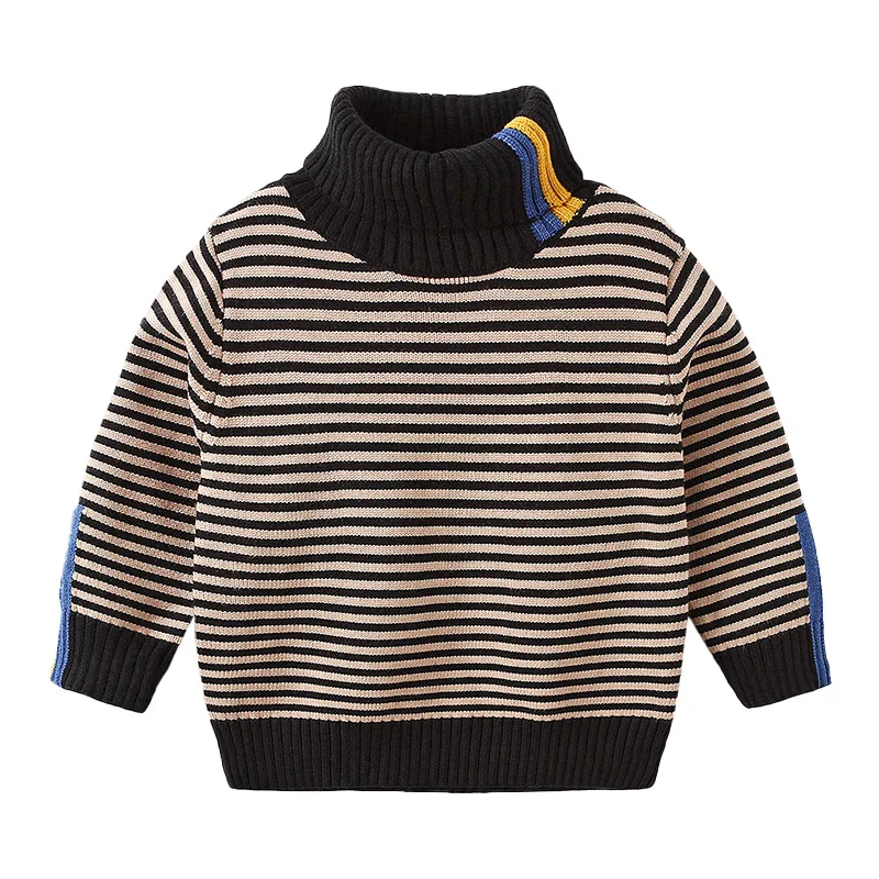 2024 Winter Warm 3 4 5 6 8 10 12 Years Teenage Thickening High Neck Knitted Turtleneck Color Striped Baby Kids Boys Sweater