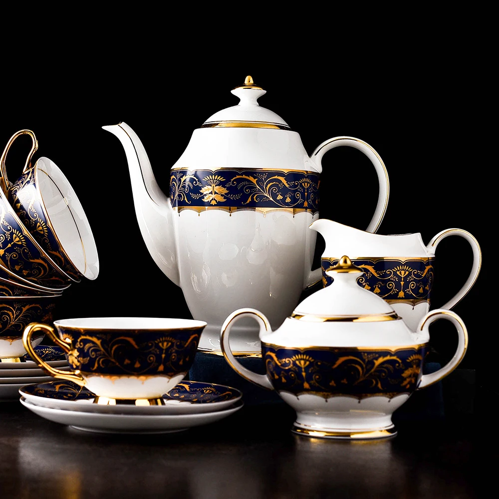 

European 15 pcs Fine Bone China Design Tea Set Ceramic Porcelain Tea Pot Cup and saucer Afternoon tea set With Gold Line design