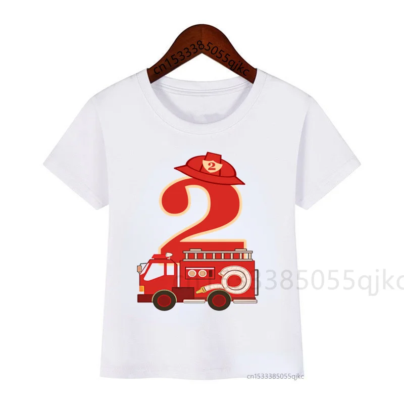 Numbers 1-9 Children\'s Cartoon Fire Engine Birthday Number T-shirt Boy Girl Firefighter T-shirt White T-shirt Cute Funny T-shirt