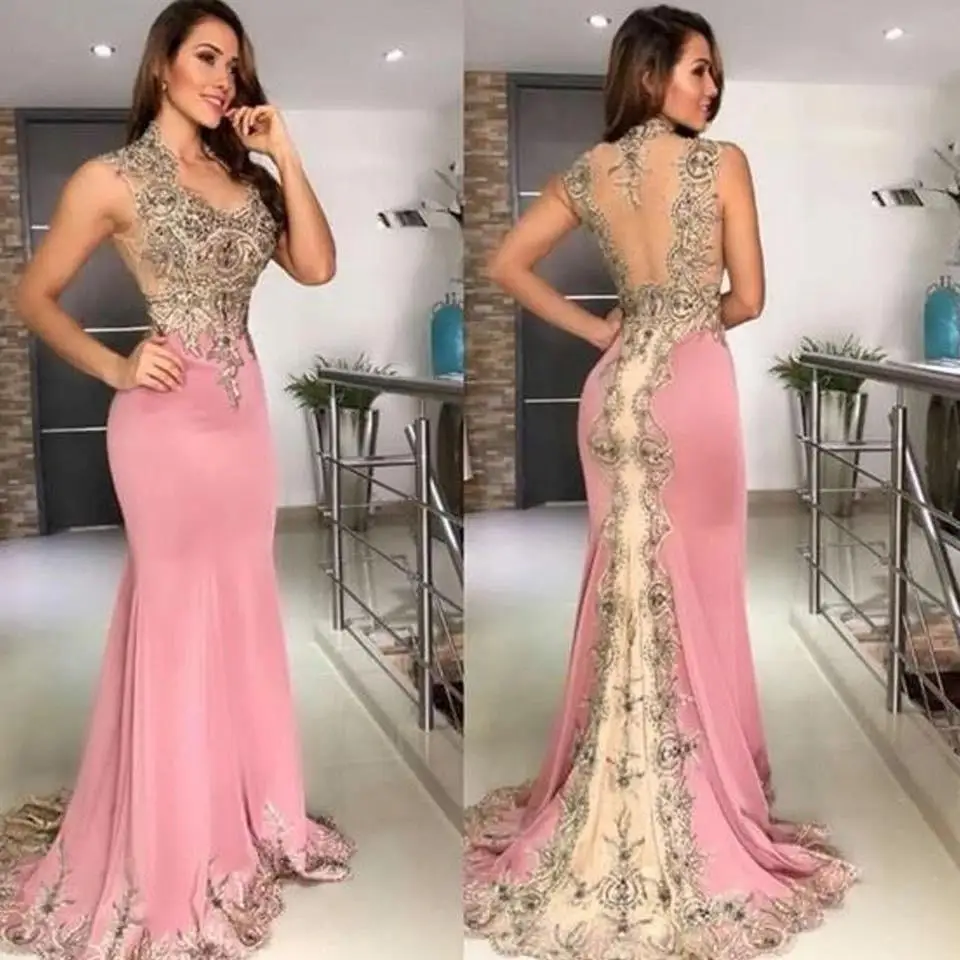 Luxury Full Beads Stones Mermaid Lace Prom Dresses 2025 Sexy Illusion Back Pink Evening Party Dresses Vestido de Festa Custom