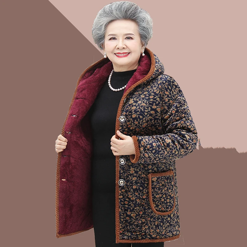 Middle-Aged Elderly Grandmother Cotton Padded Clothes Winter Coat Parkers Add Velvet Thicken Warm Women\'s Jackets  Overcoat 5XL