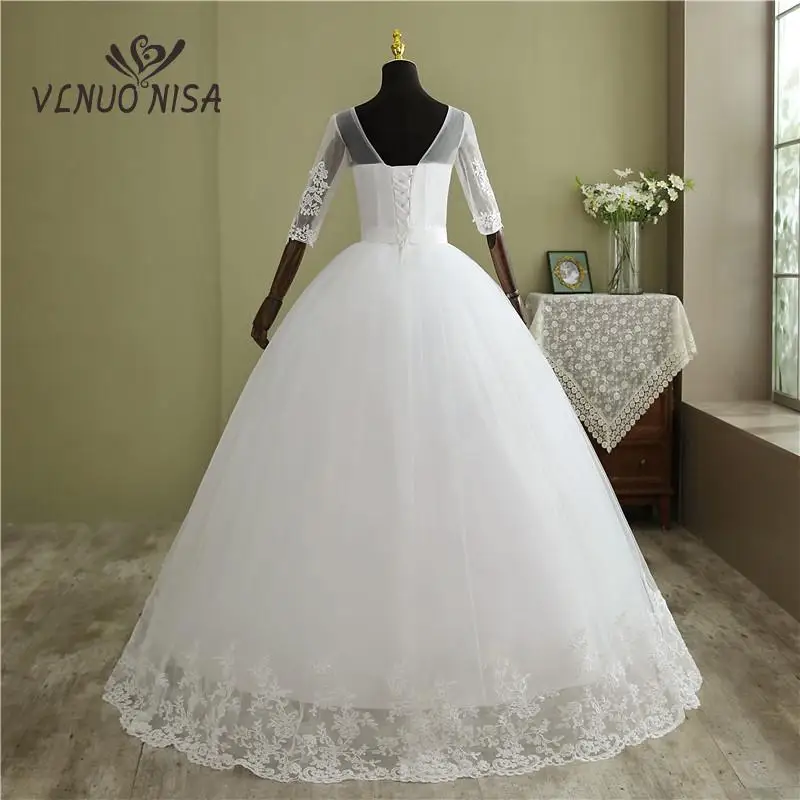 2023 New O-Neck Pluse Size White Wedding Dresses With Sleeve Simple Sequined Cheap Ivory Wedding Gown De Novia for Bride