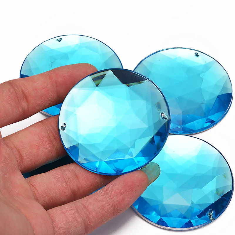 JUNAO 52mm Big Aqua Blue Round Rhinestones Applique Sewing Acrylic Gems Large Strass Sew On Flat Back Crystal Stones for Crafts