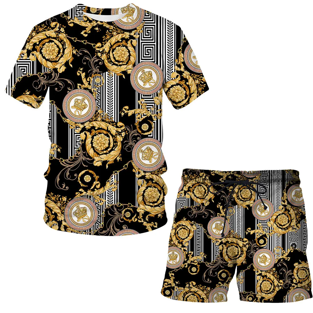 

Summer 2021 new Luxury 3D print suit pattern T shirt short sleeve + casual shorts Men / Women Streetwear Crown clothing Tops