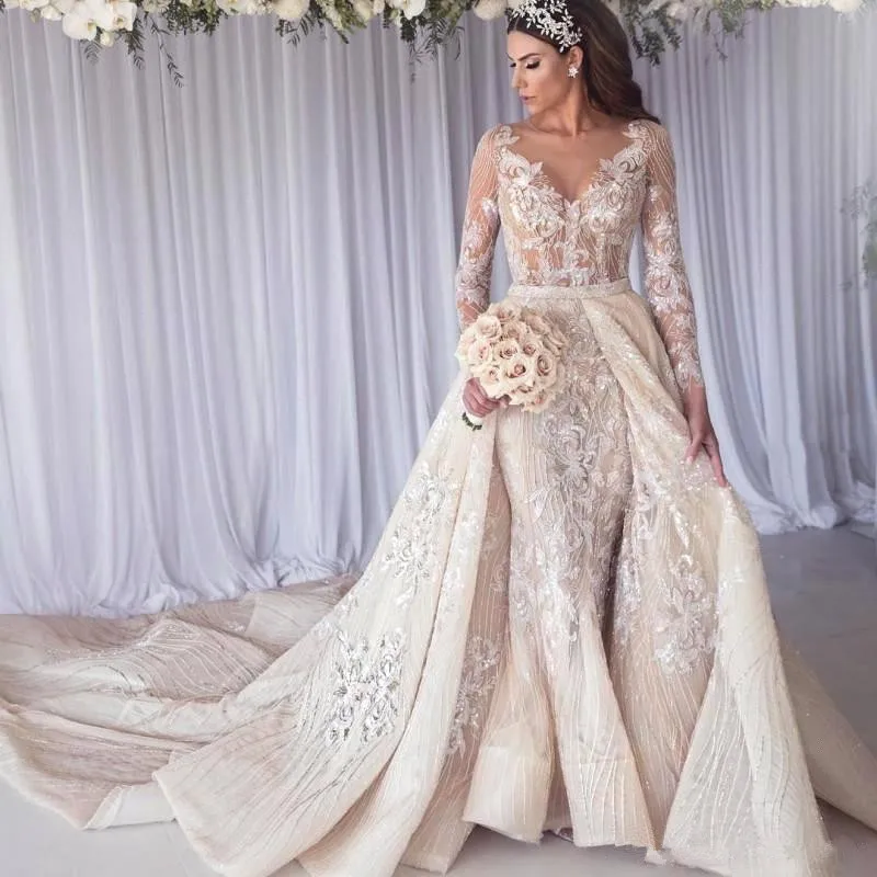 Luxury Beads Lace Mermaid Wedding Dress With Detachable Train Romantic V Neck Long Sleeve Wedding Bridal Gowns