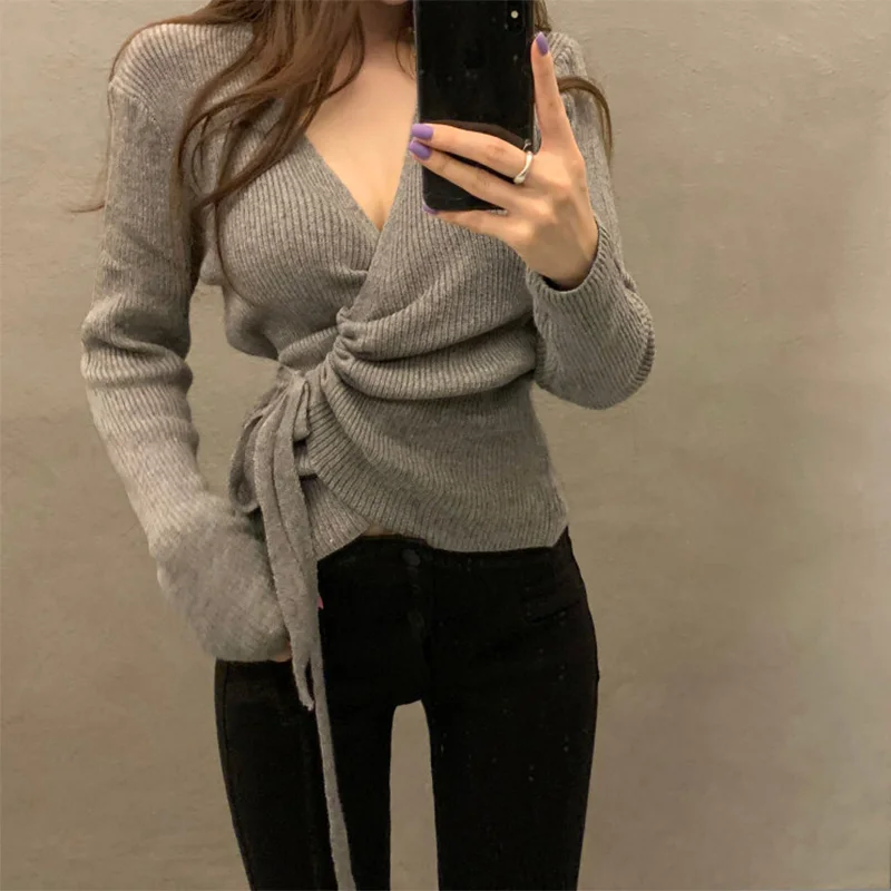 Croysier Autumn Winter Clothes Women Casual Long Sleeve Top Knitted Sweaters Sexy V Neck Drawstring Ruched Wrap Cardigan Sweater