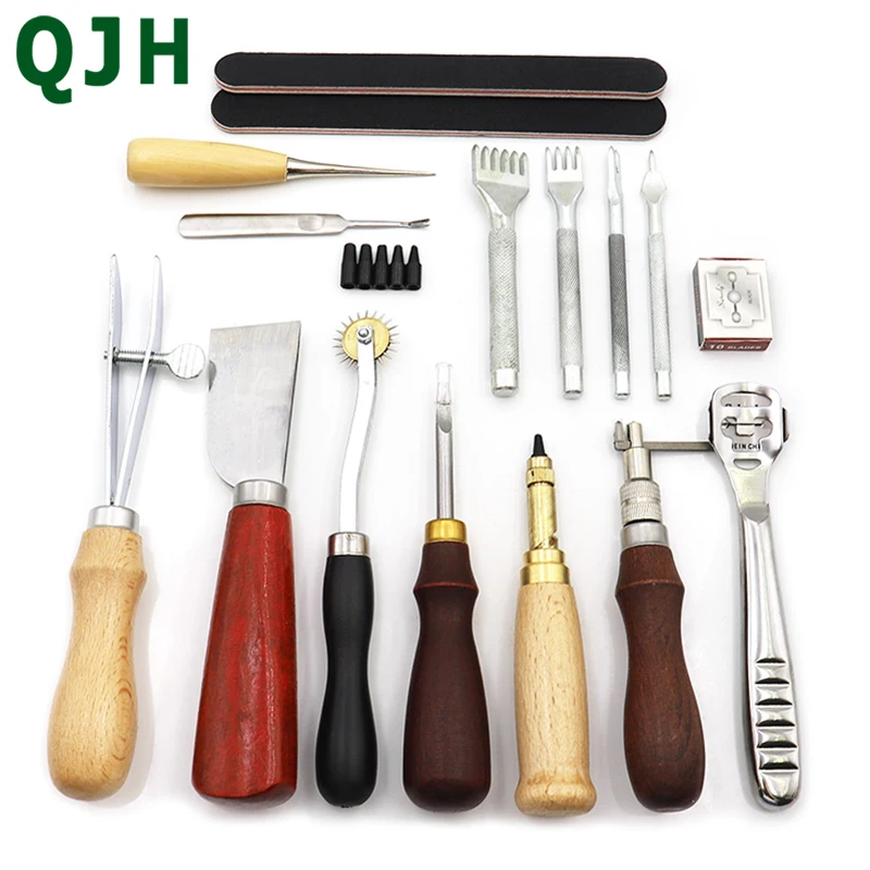 

QJH Leather Sewing Tools DIY Leather Craft Tools Hand Stitching Tool Set Saddle Groover with Awl Waxed Thread Thimble Kit