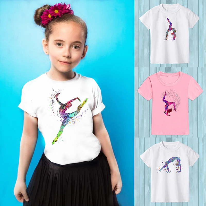 Gimnastyczka T-Shirt Femme akwarela tęcza gimnastyka artystyczna Tshirt dziewczyny letnie koszulki dziecięce koszula topy dziecko Streetwear Hipster