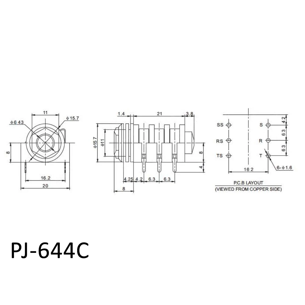 10 sztuk 6.35mm Jack Stereo typu z krótkim terminal pcb mocowanie panelu PJ-644C z tworzywa sztucznego Audio kobieta Stereo 1/4 \'\'gniazdo