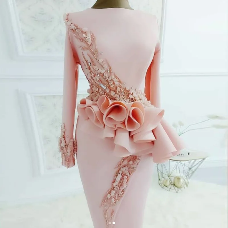 Hồng Dubai VÁY ĐẦM DẠ Vỏ Đầm Vestido Longo Tay Áo Peplum Râu Xù Dài Đầm Dự Tiệc Phối Ren Táo Áo Dây De Soiree