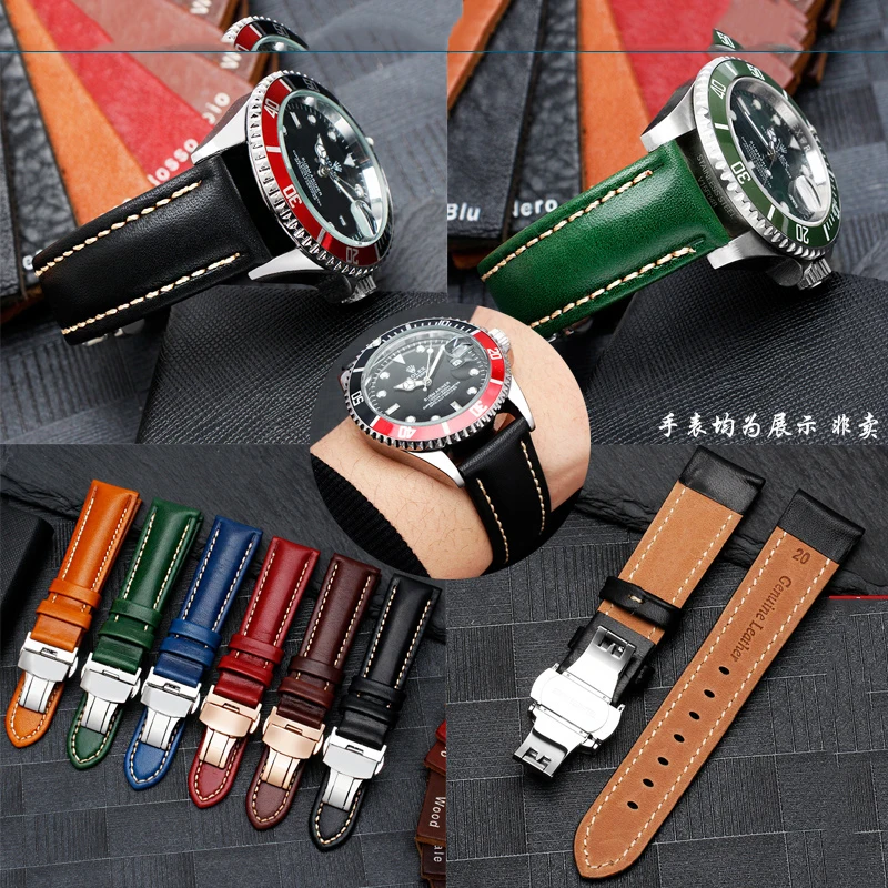 Black Red Green Genuine Leather Bracelet Color Watch Strap Butterfly Clasp Watchband Sized in 18mm 20mm 21mm22mm watch band