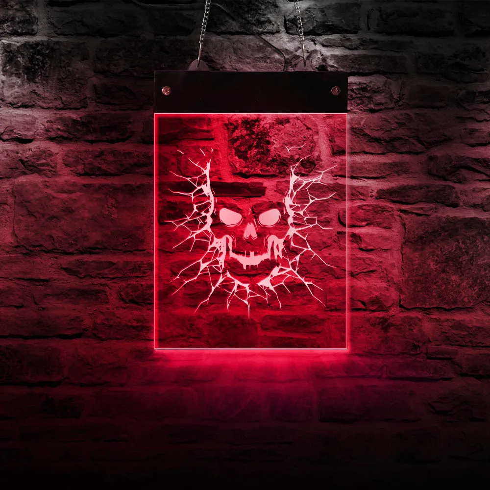 Cracked Evil Skull Head LED Lighting Neon Sign Halloween Holidays Display Board Electronic Luminous Wall Light Man Cave Decor