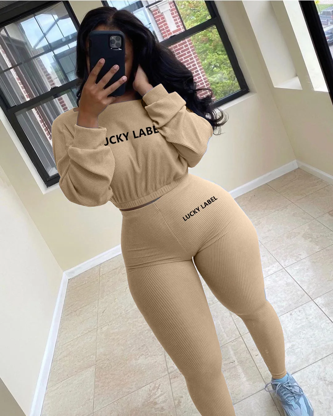 Letter Printed Embroidery Women Two Piece Ribbed Tracksuits Fall Spring Long Sleeve Sweatshirt and Skinny Pants Set - Image 4