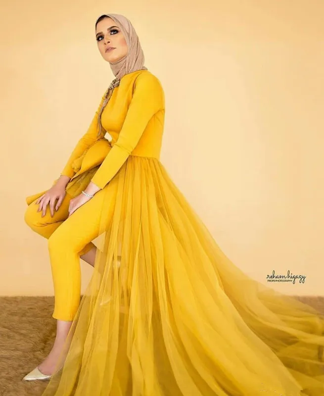 Yellow Muslim Prom Jumpsuit with Train 2020 Long Sleeve Peplum Tutu Kaftan Caftan Arabic Hijab Occasion Evening Pant Suit Dress