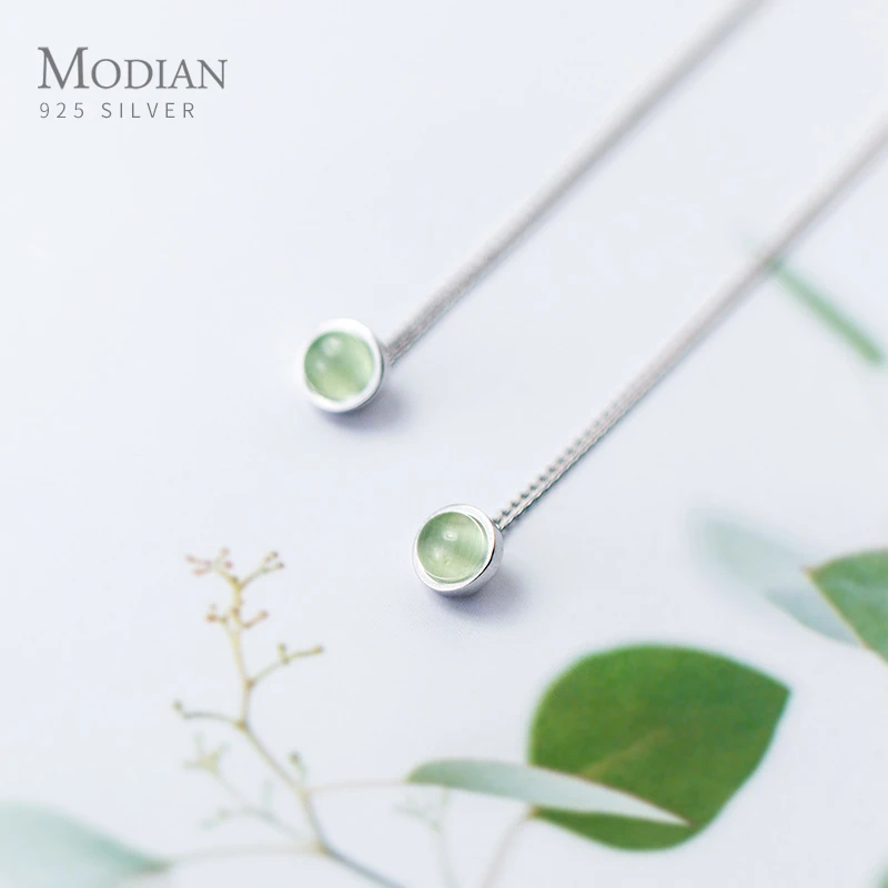 Modian Fashion Dangle Earring 925 Sterling Silver Round Green Opal Long Chain Drop Earrings for Women Authentic Silver Jewelry