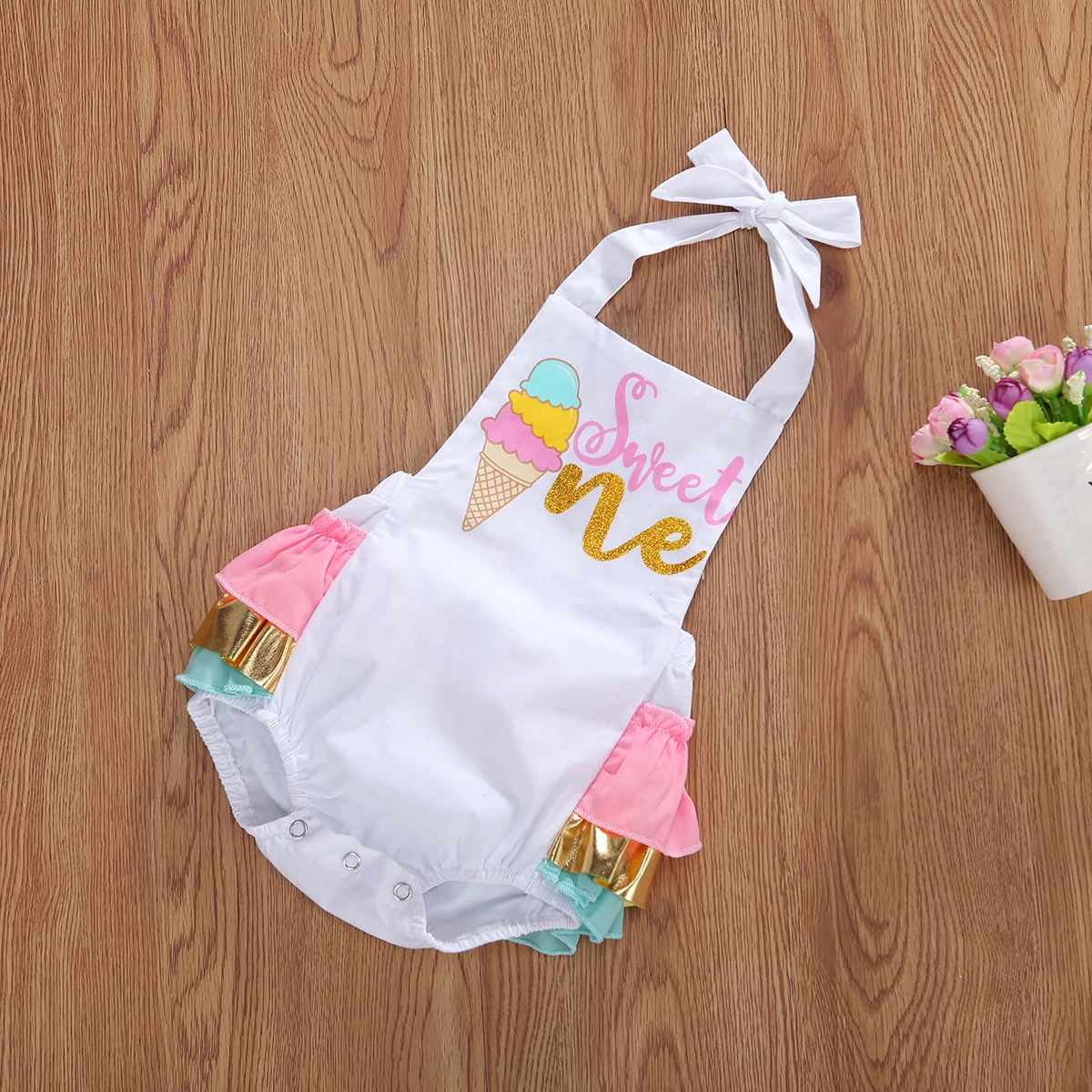 0-3Y Newborn Infant Baby Girls Romper Ruffles Jumpsuit Birthday Clothes Ice Cream Print Cute Baby Girl Clothes Summer Costumes