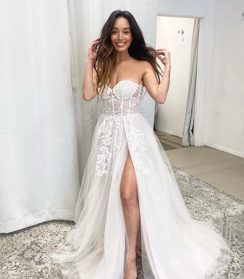 Angelsbridep Sweetheart Long Wedding Dresses Beach Boho Mariage Gowns A Line Side Slit Princess Bridal Gowns Vestido Branco