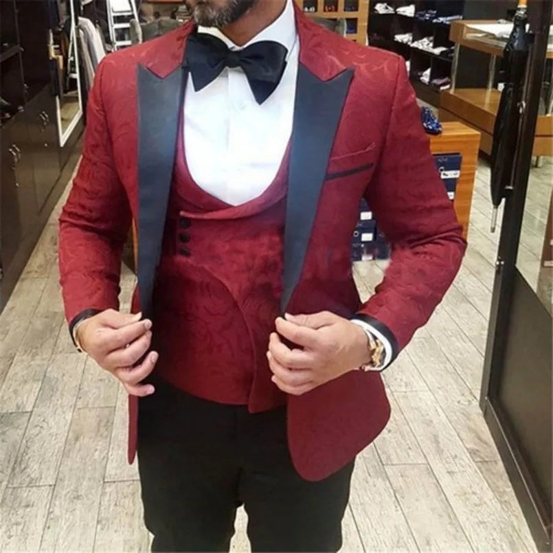

Men Suits Dark Red Pattern and Black Groom Tuxedos Peak Satin Lapel Groomsmen Wedding Best Man ( Jacket+Pants+Vest+Bow Tie )