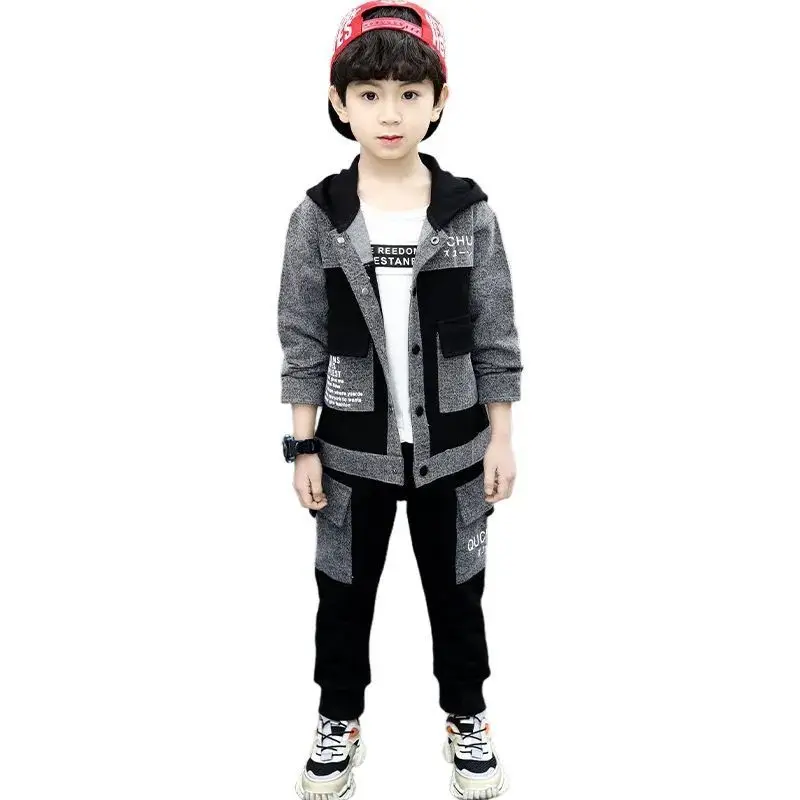 Boys Clothing Sets For Spring & Autumn 2024 New Fashion Hooded Patchwork Jackets With Trousers Two Pieces Suit Handsome Clothes